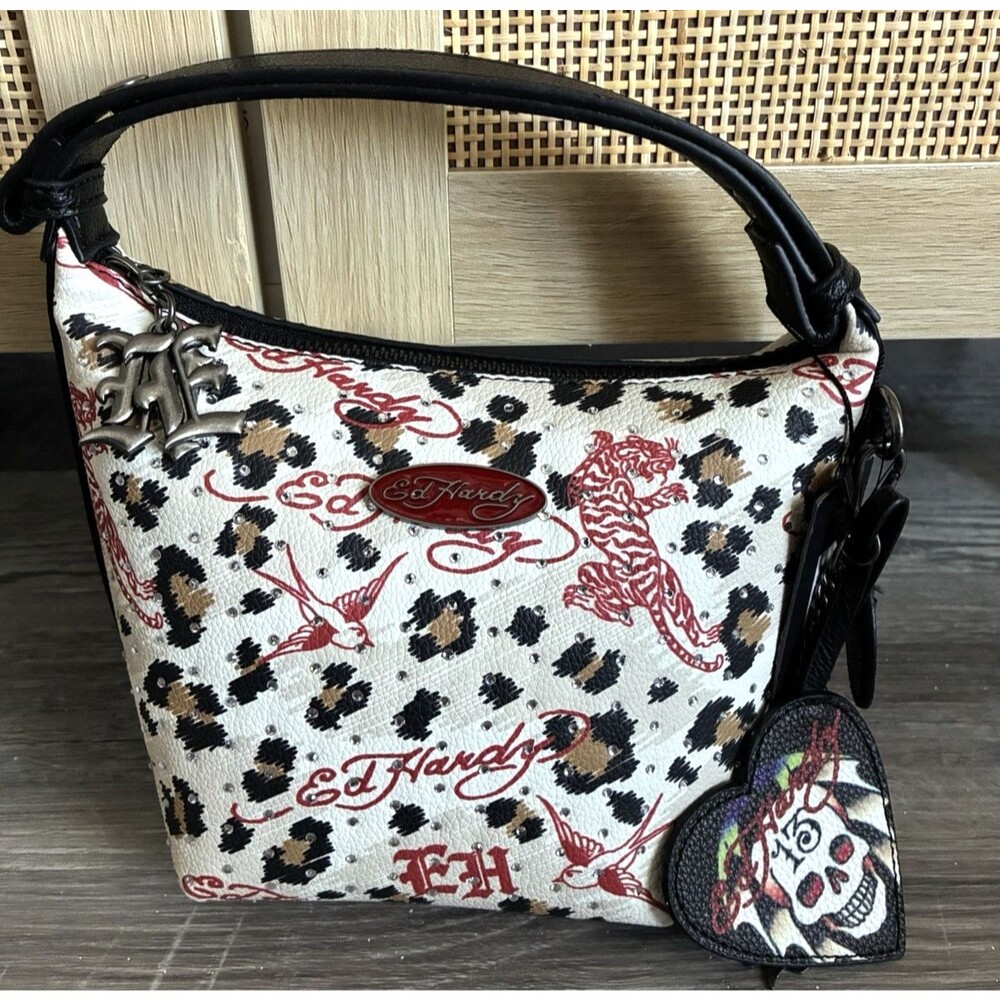 Ed Hardy Vintage Mini Hobo Shoulder Bag , Cream Leopard Print NWT